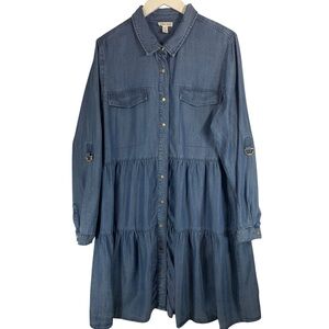 Tribal Jeans Blue Denim Shirt Dress tiered lyocell size large